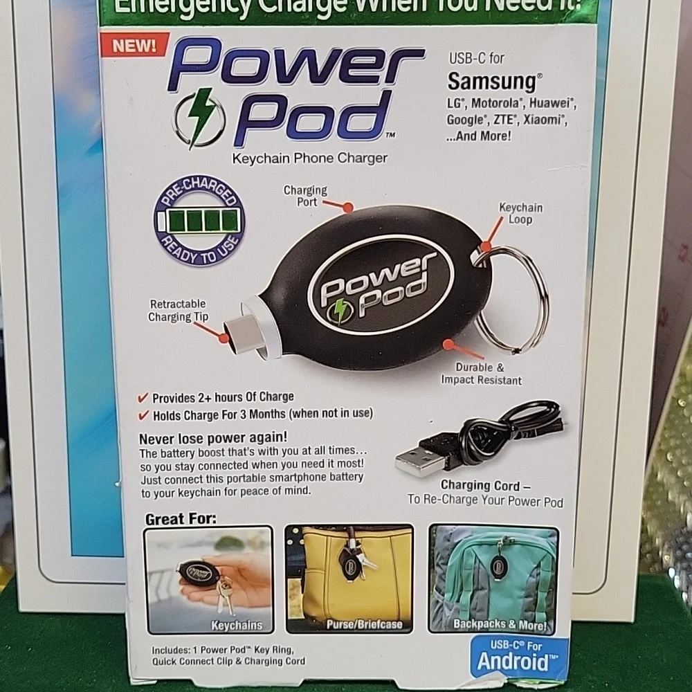Power Pod Keychain Phone Charger - Black New Sealed Box -  Android USB - C